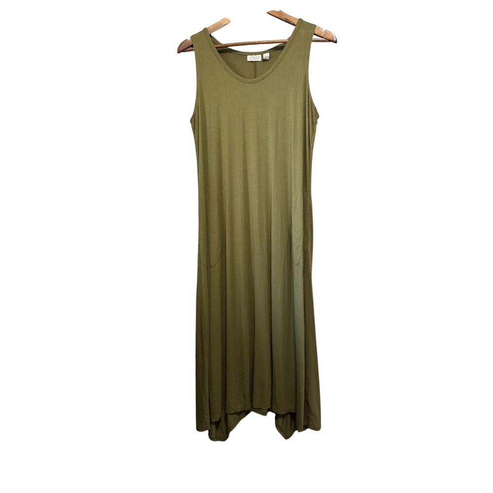 LOGO Lori Goldstein Dress Womens M Olive Green Excellent Sharkbite Maxi Pocket